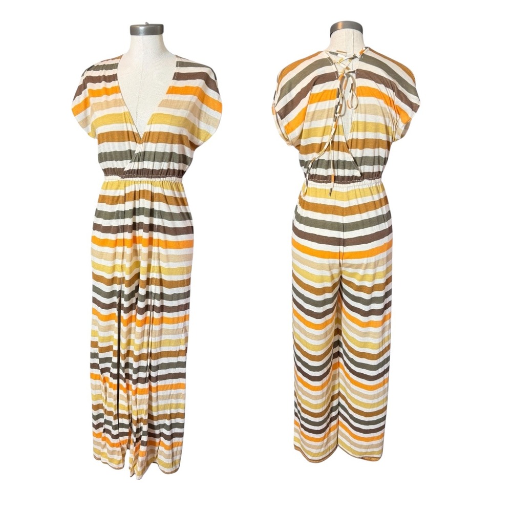 Free People FP Beach Striped Wide Leg Jumpsuit Orange Yellow Brown XS